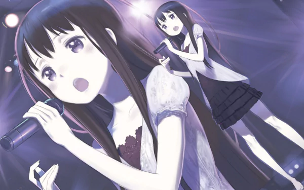 HD anime desktop wallpaper featuring Elsa Kanzaki from Sword Art Online Alternative: Gun Gale Online, depicted singing with a microphone against a purple-toned background.