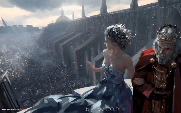 HD desktop wallpaper from GhostBlade showing a detailed scene of a king and a woman overlooking a large, crowded city from a balcony under a cloudy sky.