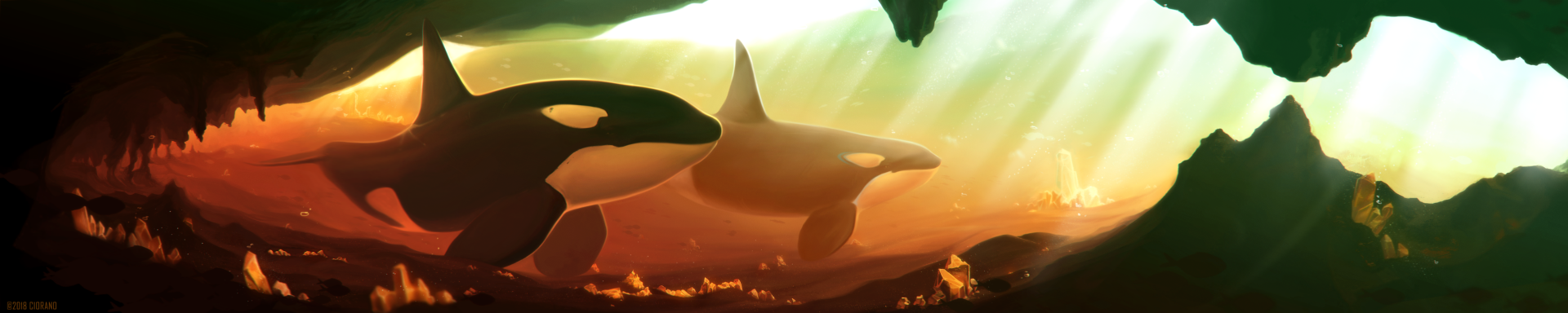 A fantasy HD PC wallpaper featuring crystal-clear orcas gliding through a glowing, surreal landscape of warm, radiant colors.