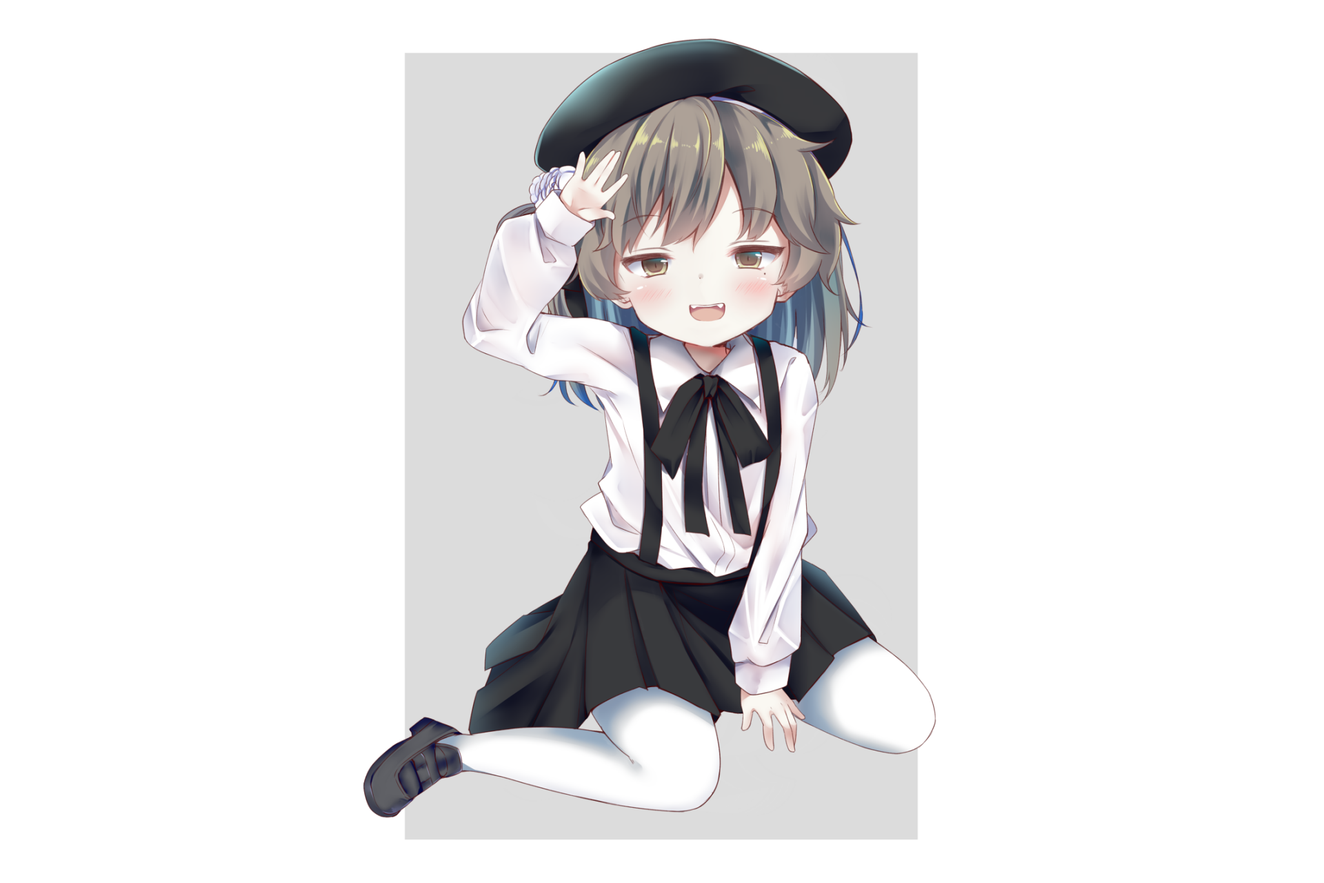 HD anime wallpaper featuring Hatoba Tsugu, a Virtual YouTuber, dressed in a black beret, white blouse, and black skirt, smiling with a peace sign pose.