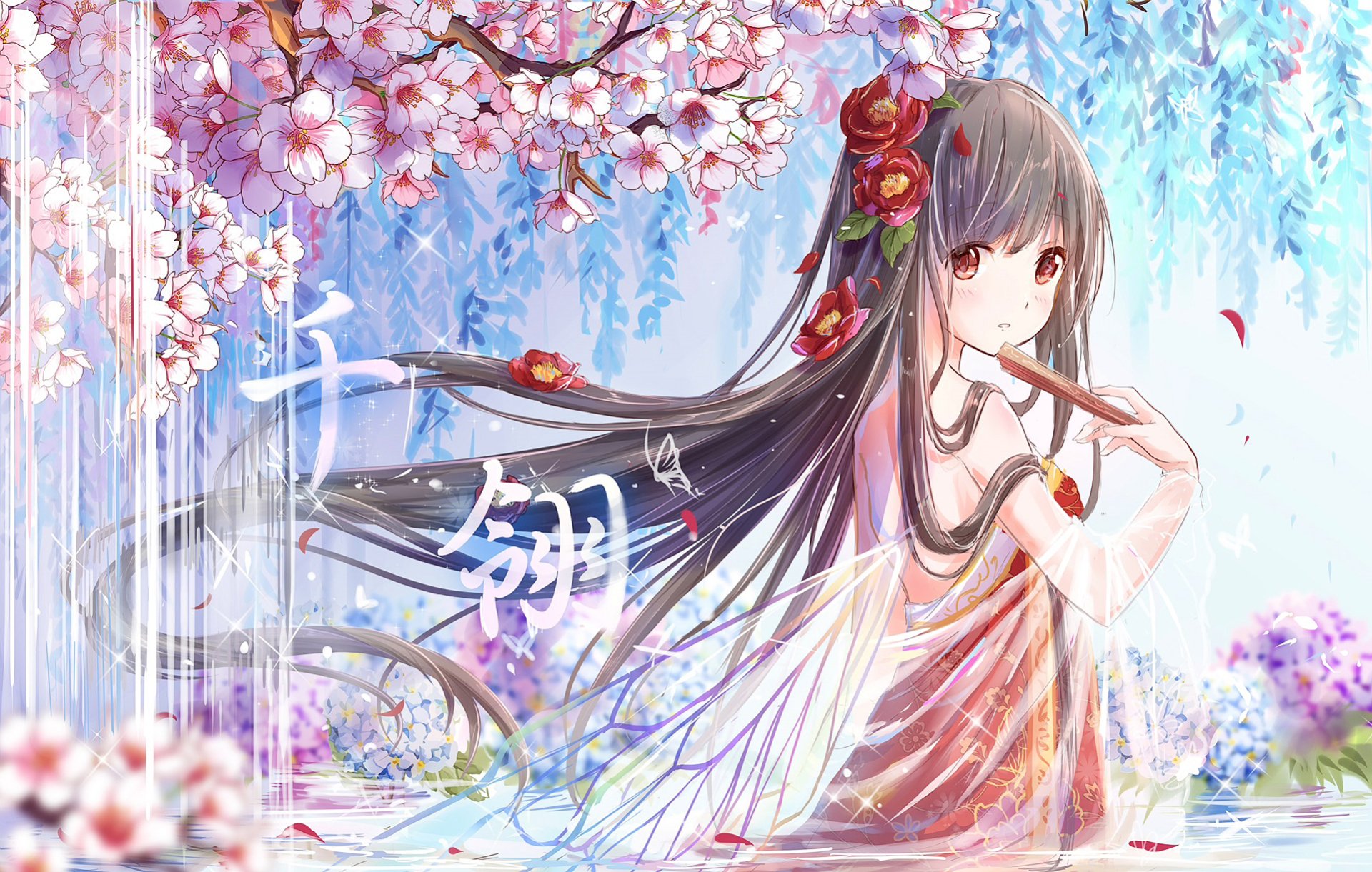 HD anime-style original desktop wallpaper featuring a girl in traditional attire amid cherry blossoms and soft blue floral backgrounds.