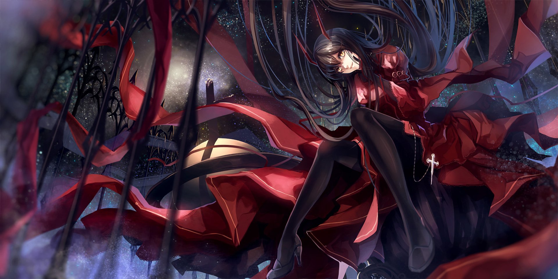 Anime original HD PC desktop wallpaper showing a long-haired girl in a flowing red dress and cross pendant, sitting amid moonlit trees and swirling ribbons.