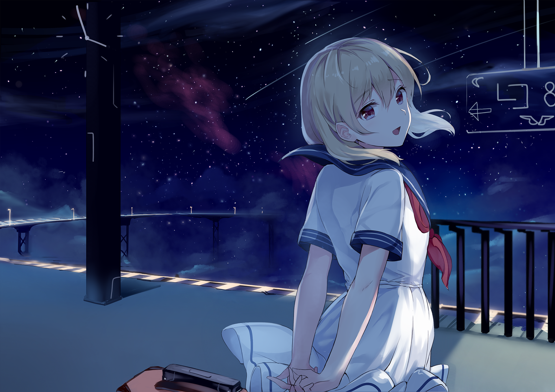Anime-style original HD desktop wallpaper featuring a girl in a sailor uniform standing at a nighttime train platform under a starry sky.