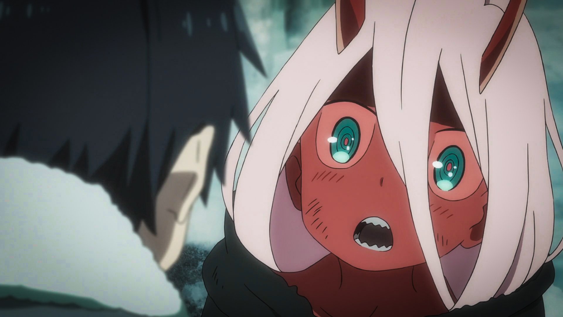 HD wallpaper of Hiro and Zero Two from the anime Darling in the FranXX. Zero Two, looking shocked, is in the foreground with her face turned toward Hiro, who is seen from behind.