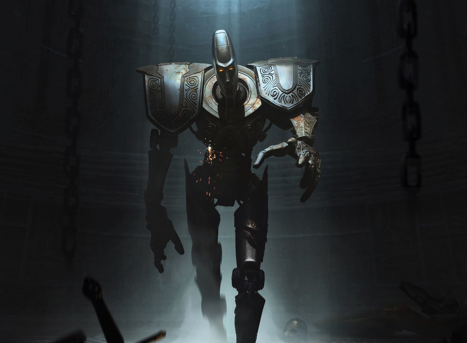 HD PC desktop wallpaper featuring a dark, armored mechanical figure from the video game The Elder Scrolls: Legends, set against a shadowy background with hanging chains.
