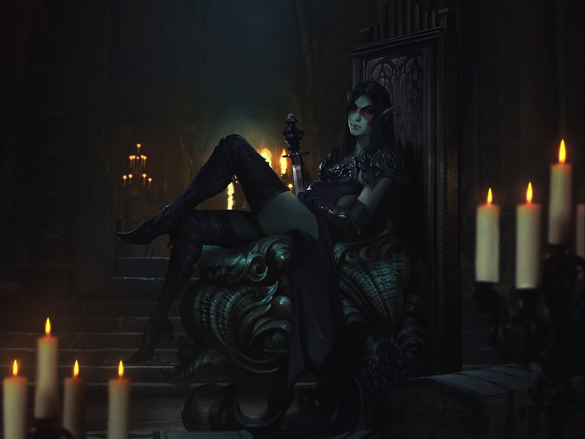 HD desktop wallpaper featuring a dark, mysterious character from the video game The Elder Scrolls: Legends, surrounded by candlelight in a shadowy setting.