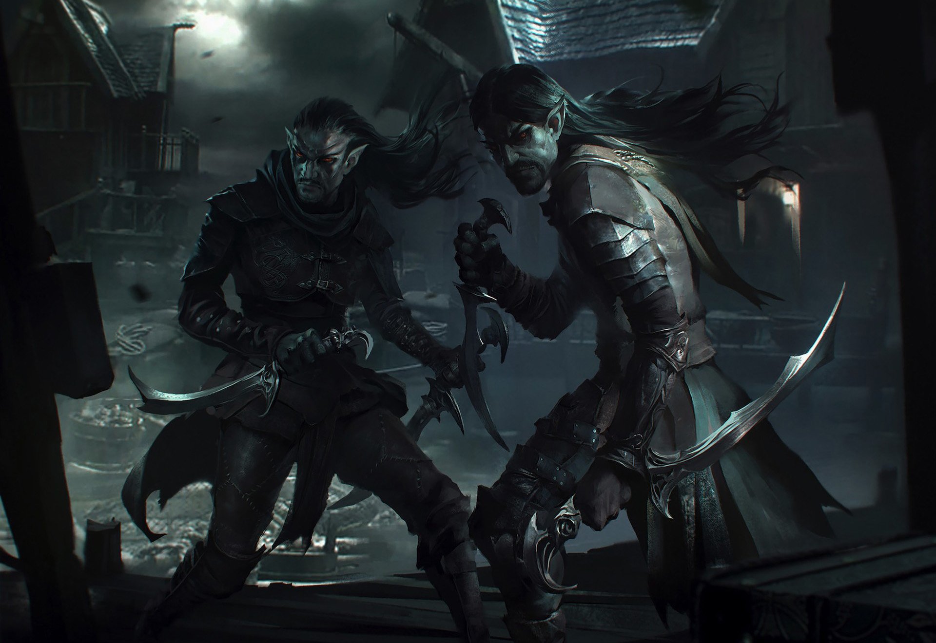 HD PC desktop wallpaper from The Elder Scrolls: Legends video game, featuring two stealthy, armored characters wielding curved blades in a dark, mysterious environment.