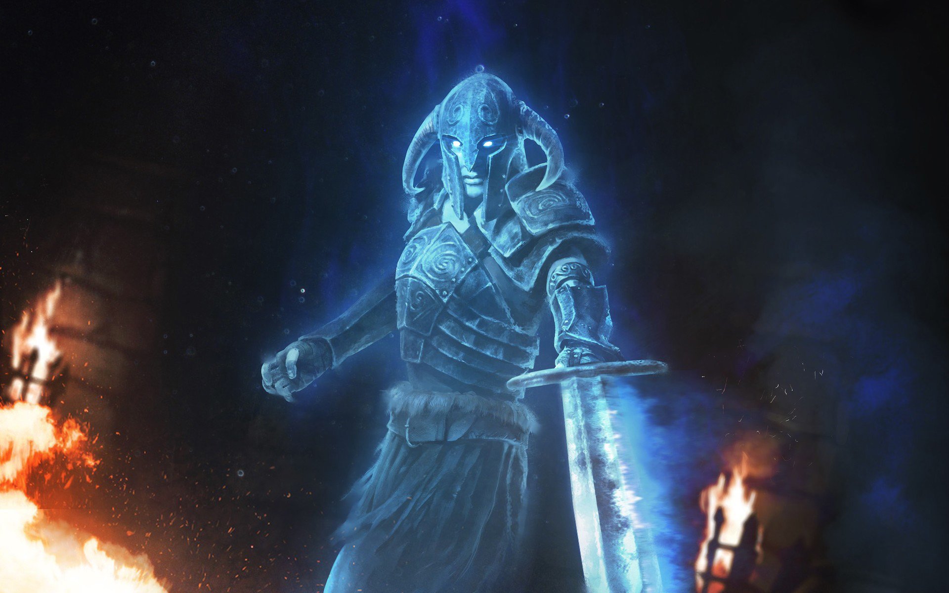 HD PC desktop wallpaper featuring a ghostly armored warrior wielding a sword from the video game The Elder Scrolls: Legends, set against a dark, fiery background.