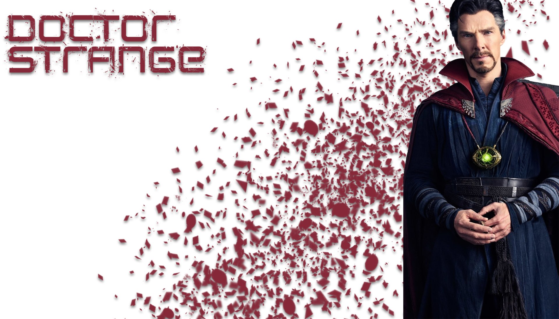 HD desktop wallpaper featuring Benedict Cumberbatch as Doctor Strange from the movie Avengers: Infinity War. The left side of the image has the Doctor Strange text with a dispersed particle effect background.