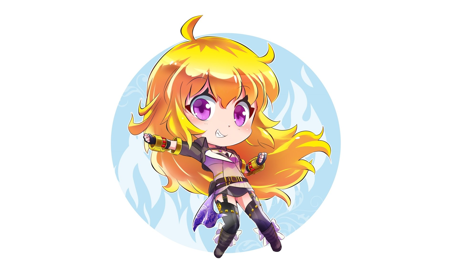 Chibi-style Yang Xiao Long from RWBY with bright yellow hair and purple eyes, set against a light blue circular background in HD desktop wallpaper quality.