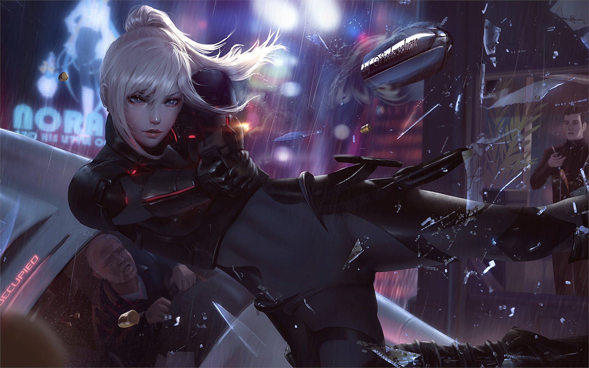 A high-definition wallpaper featuring an original anime character with platinum blonde hair in an action-packed, futuristic cityscape.