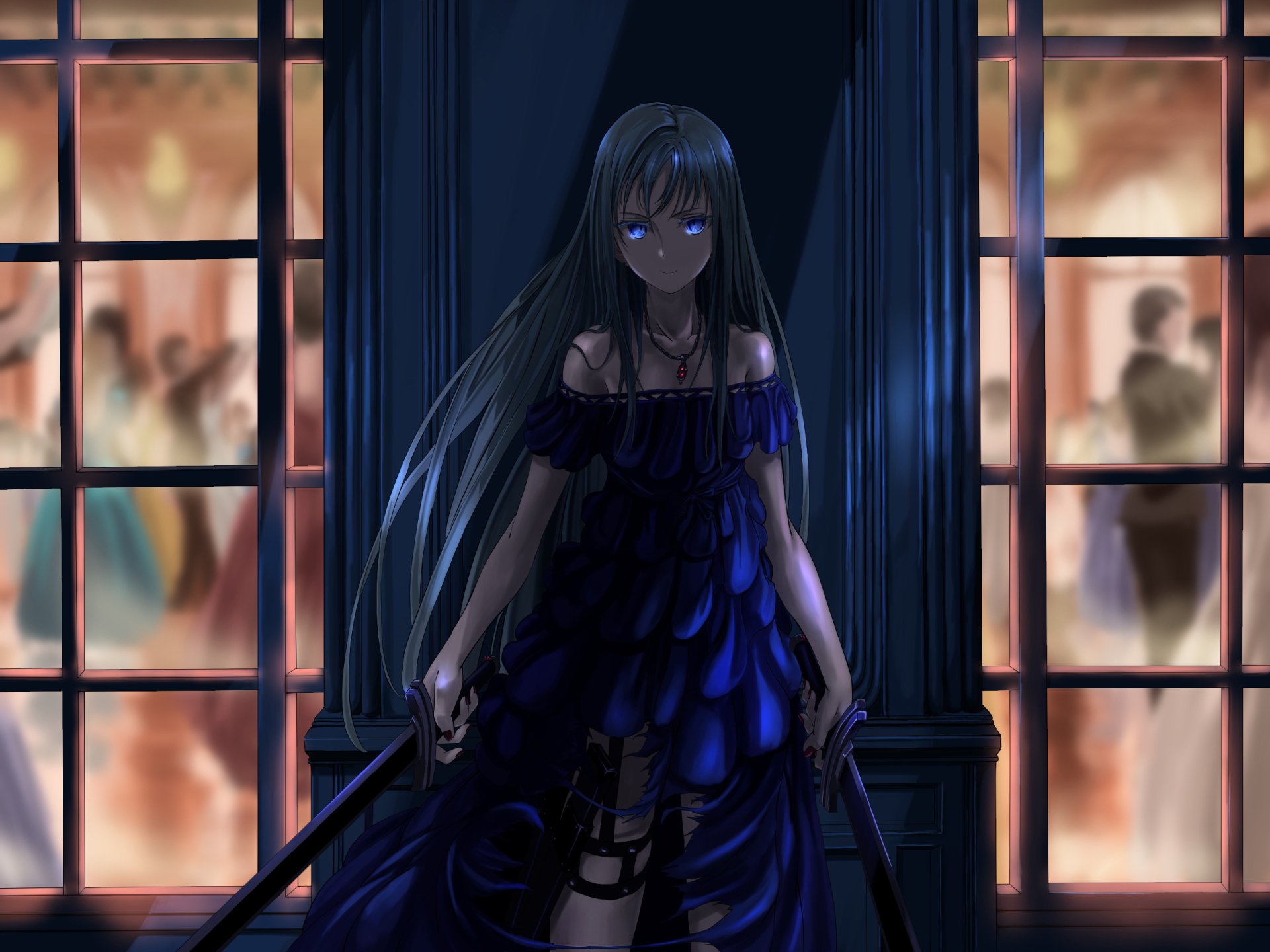 HD anime original artwork featuring a mysterious girl with glowing blue eyes in a dark, elegant dress standing by large windows with blurred figures behind her.