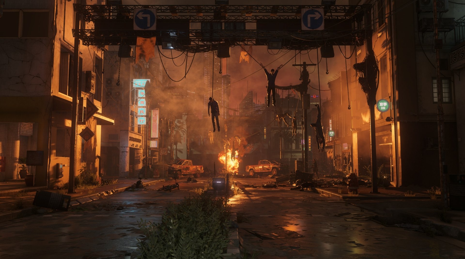 HD PC desktop wallpaper featuring a dark, dystopian urban scene from the video game Call of Duty: Black Ops III with hanging figures and fiery destruction.