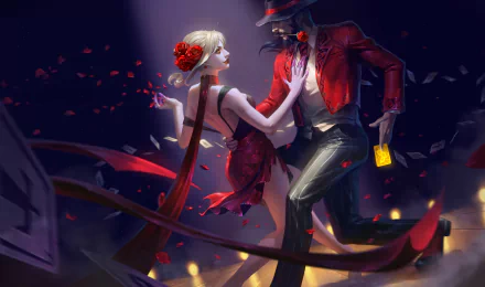 Twisted Fate and Evelynn from League of Legends dance gracefully, surrounded by floating cards and rose petals in this vibrant HD PC desktop wallpaper.