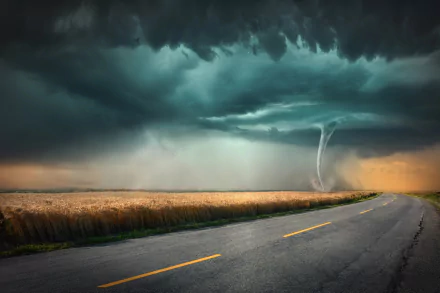 An HD desktop wallpaper showing a tornado touching down in a field beside a road. Dark storm clouds dominate the sky, creating a dramatic and intense natural scene.