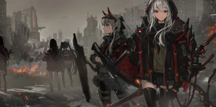 HD anime original desktop wallpaper featuring two characters in dark, futuristic armor amidst a post-apocalyptic cityscape with smoky skies and distant fires.