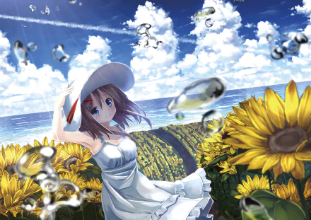 Anime-style HD desktop wallpaper of a brown-haired girl in a white dress and sunhat, standing in a vibrant sunflower field under a bright summer sky.