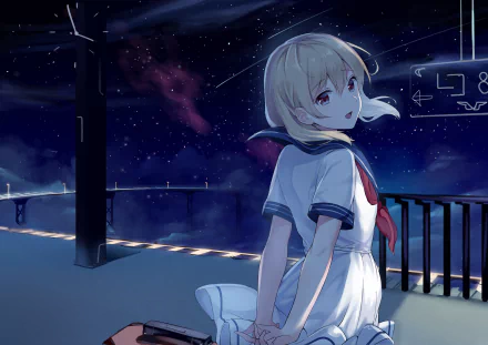 Anime-style original HD desktop wallpaper featuring a girl in a sailor uniform standing at a nighttime train platform under a starry sky.
