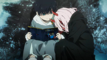 Anime characters Zero Two and Hiro from Darling in the FranXX sit together, with Hiro reading a book and Zero Two leaning on his shoulder. This HD desktop wallpaper captures a tender moment.