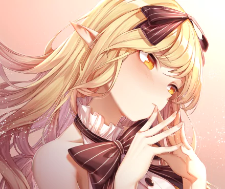 Anime-style original elf with long blonde hair, yellow eyes, and a bow, blushing softly against a warm, glowing background.