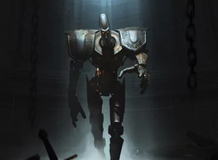 HD PC desktop wallpaper featuring a dark, armored mechanical figure from the video game The Elder Scrolls: Legends, set against a shadowy background with hanging chains.