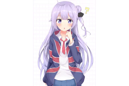HD desktop wallpaper of Unicorn from Azur Lane, featuring the anime character with long purple hair and violet eyes, wearing a navy and red jacket, with a curious expression and a question mark overhead.