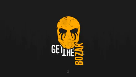 Minimalist 8K Ultra HD PC wallpaper: distressed yellow Bozak mask with dripping black eyes on dark background, GET THE BOZAK text — Dying Light video game minimalist gaming art.