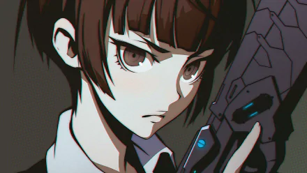 HD PC desktop wallpaper featuring Akane Tsunemori from the anime Psycho-Pass, showcasing her intense expression and futuristic design elements.