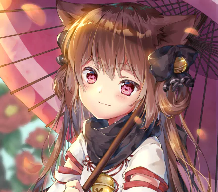 Anime girl with long brown hair styled in twintails, wearing a miko outfit with a bow and scarf, holding a parasol adorned with bell and poppy flowers, smiling gently.