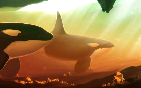 A fantasy HD PC wallpaper featuring crystal-clear orcas gliding through a glowing, surreal landscape of warm, radiant colors.