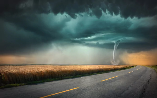 An HD desktop wallpaper showing a tornado touching down in a field beside a road. Dark storm clouds dominate the sky, creating a dramatic and intense natural scene.