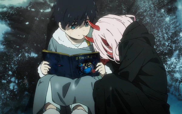 Anime characters Zero Two and Hiro from Darling in the FranXX sit together, with Hiro reading a book and Zero Two leaning on his shoulder. This HD desktop wallpaper captures a tender moment.