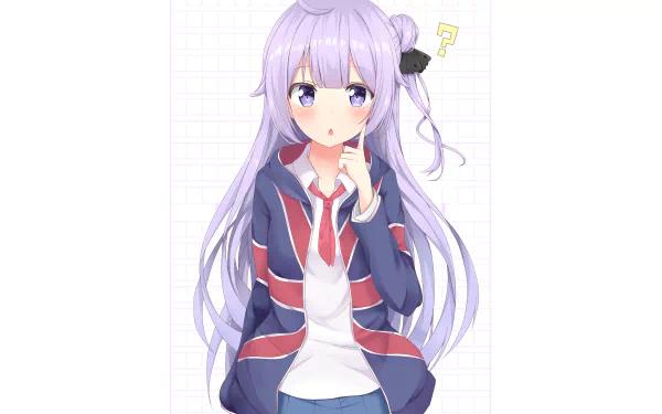 HD desktop wallpaper of Unicorn from Azur Lane, featuring the anime character with long purple hair and violet eyes, wearing a navy and red jacket, with a curious expression and a question mark overhead.