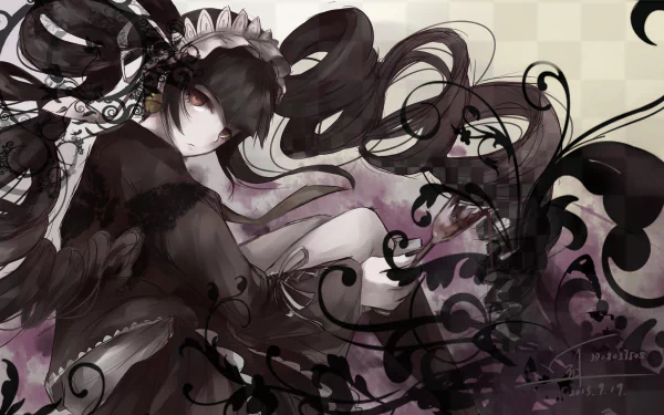 HD PC desktop wallpaper featuring Celestia Ludenberg from the anime Danganronpa, showcasing her dark gothic style with intricate swirling patterns.