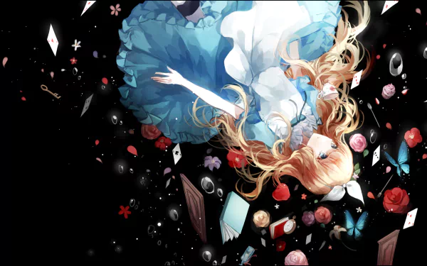 Anime-style Alice (Alice in Wonderland) drifts through a black void, blue dress billowing among roses, playing cards, keys, teacups and scattered trinkets — HD PC desktop wallpaper/background.