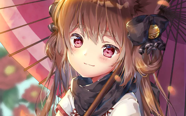 Anime girl with long brown hair styled in twintails, wearing a miko outfit with a bow and scarf, holding a parasol adorned with bell and poppy flowers, smiling gently.