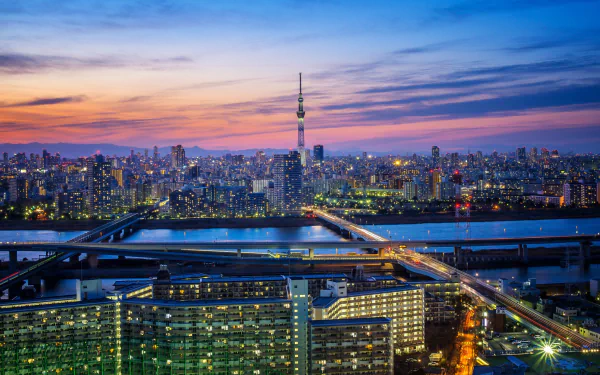 Nighttime cityscape of Tokyo featuring the illuminated Tokyo Skytree, river, bridges, and skyscrapers, showcasing Japan's vibrant urban environment.