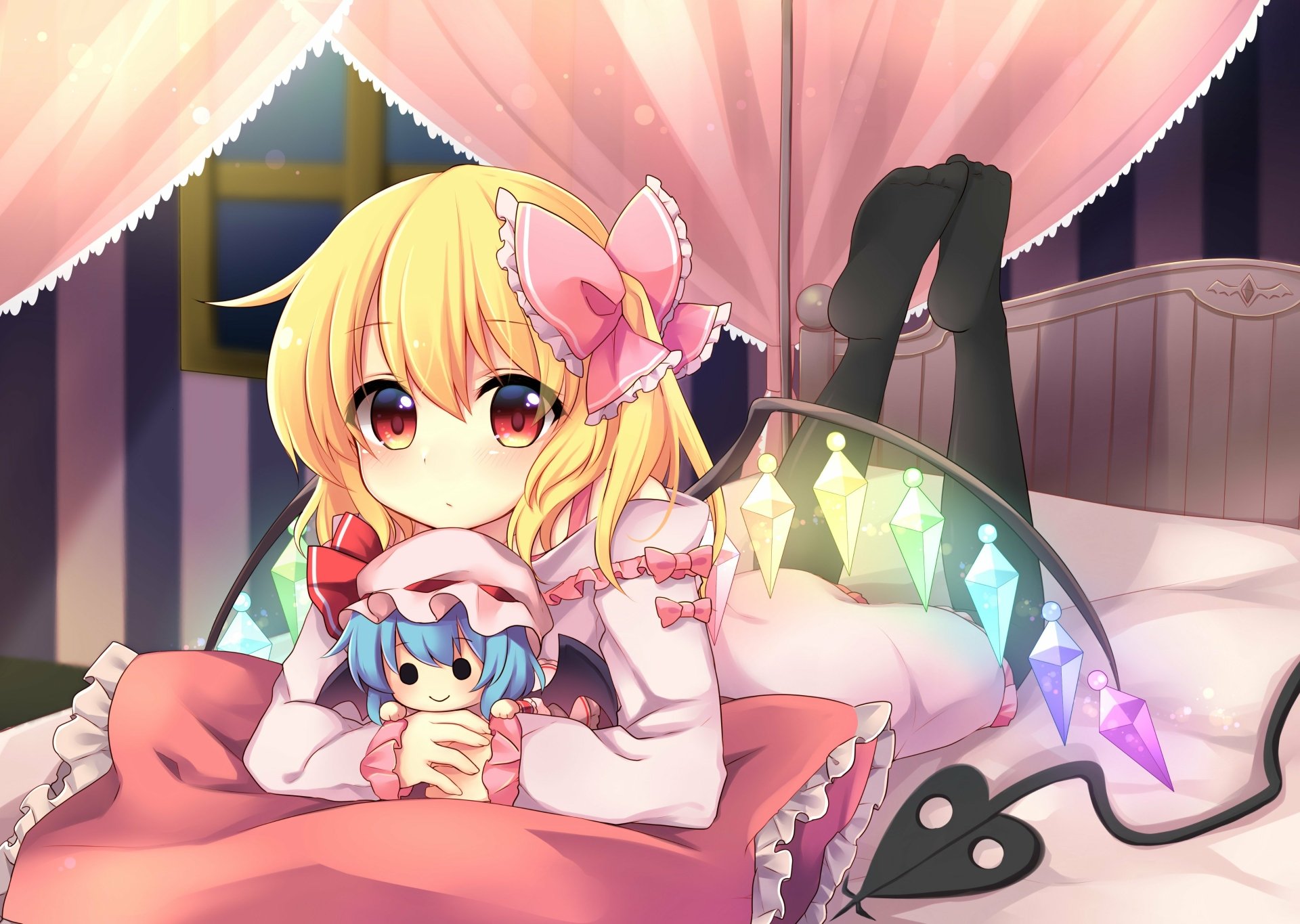 Anime-style 4K Ultra HD wallpaper featuring Remilia Scarlet and Flandre Scarlet from Touhou, with vibrant colors and detailed character design in a cozy room setting.