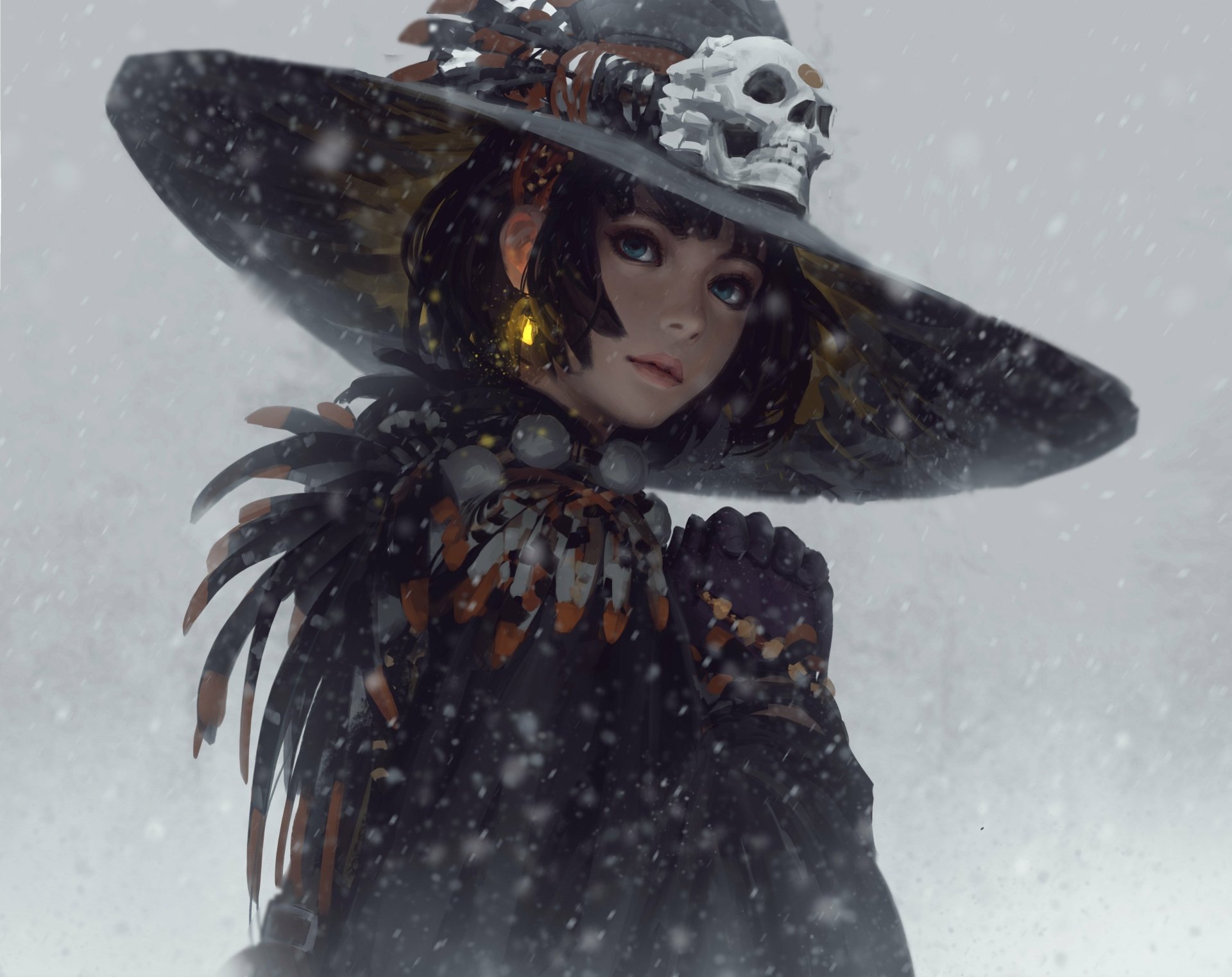 An HD anime wallpaper features a character with blue eyes, short hair, feathered attire, earrings, and a hat adorned with a skull, set against a snowy background.