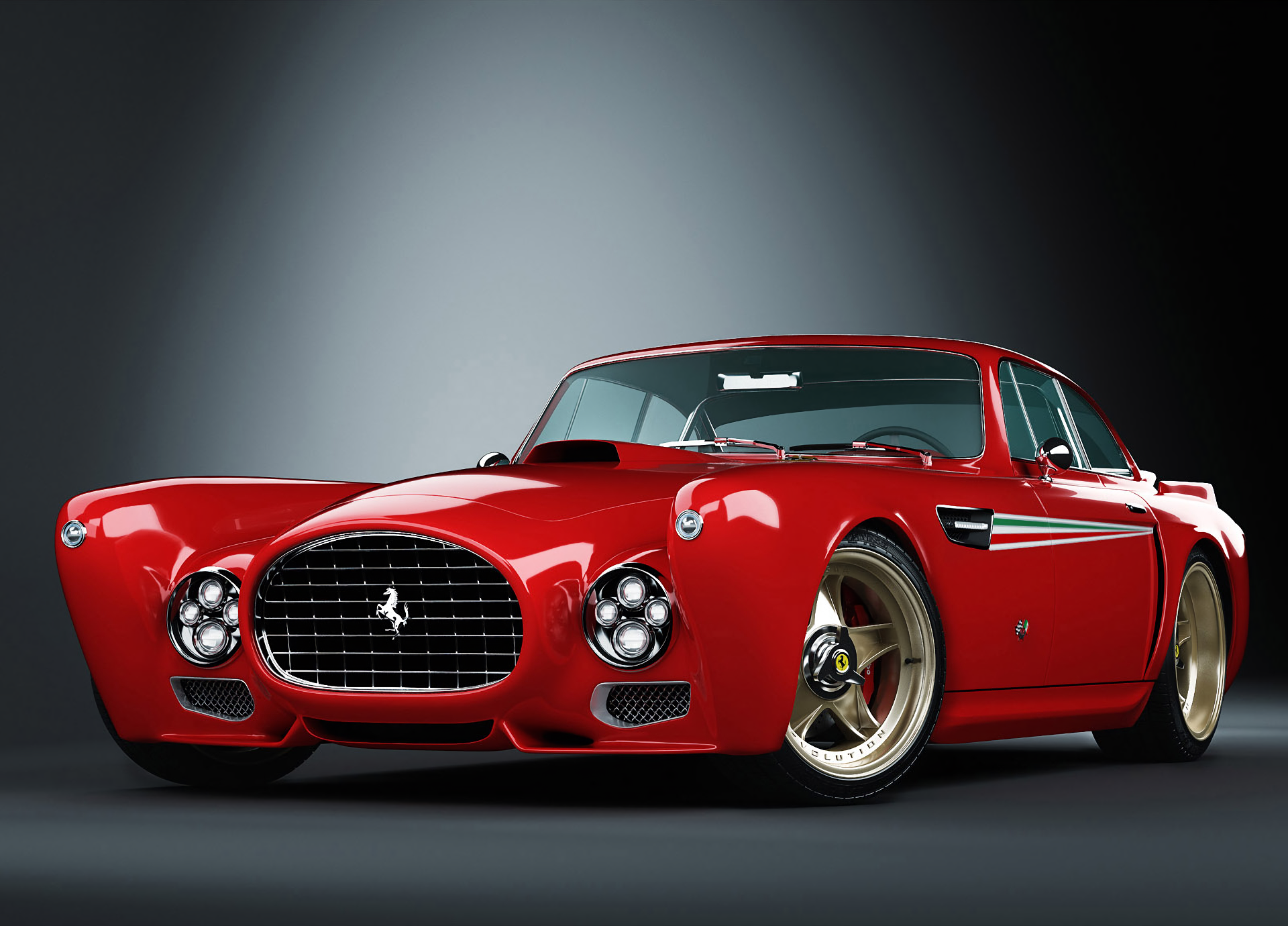 HD desktop wallpaper featuring a red Ferrari F-340 Competizione against a dark background.