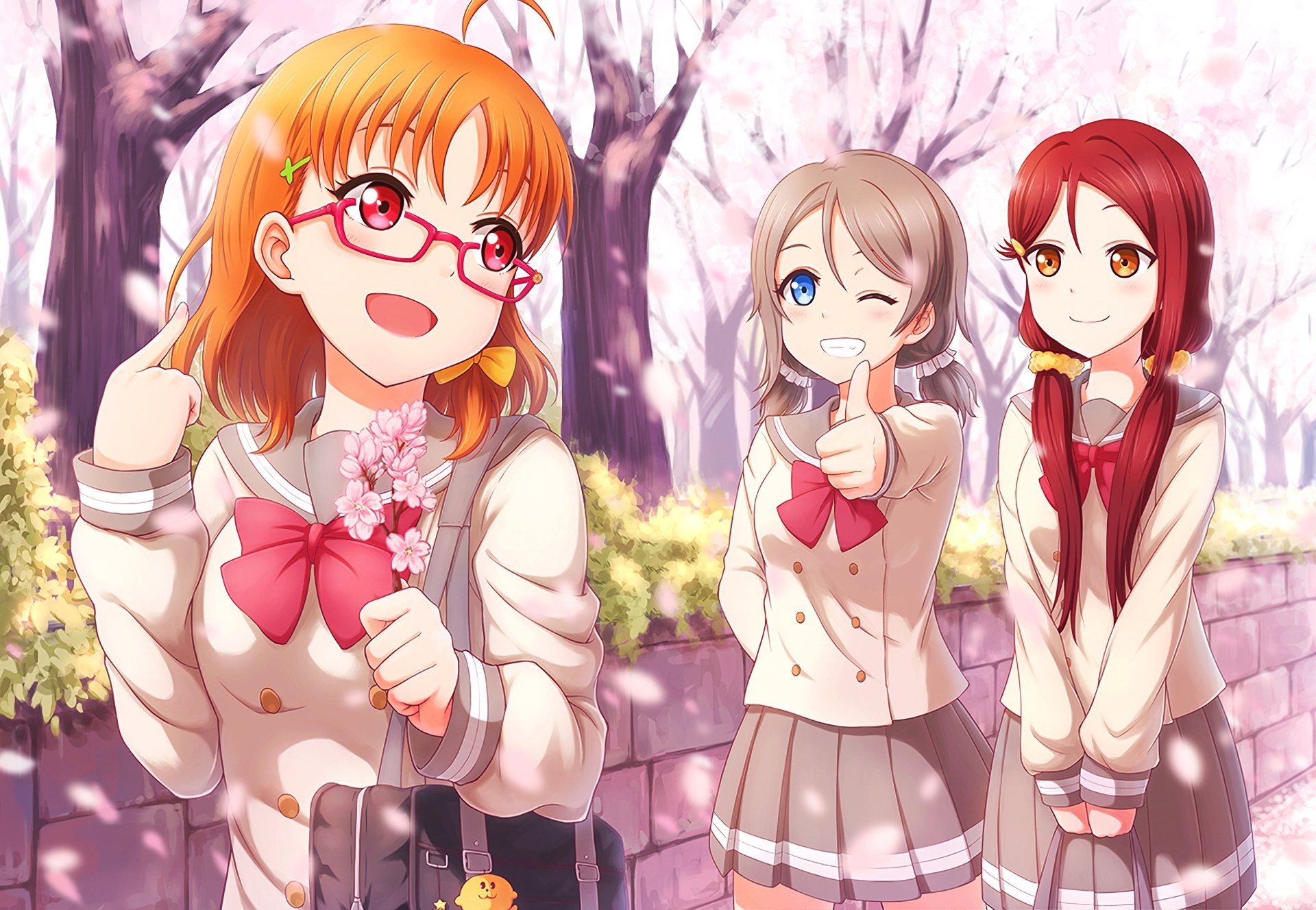 You Watanabe, Chika Takami, and Riko Sakurauchi from Love Live! Sunshine!! stand in school uniforms beneath cherry blossoms in a bright HD anime desktop wallpaper.