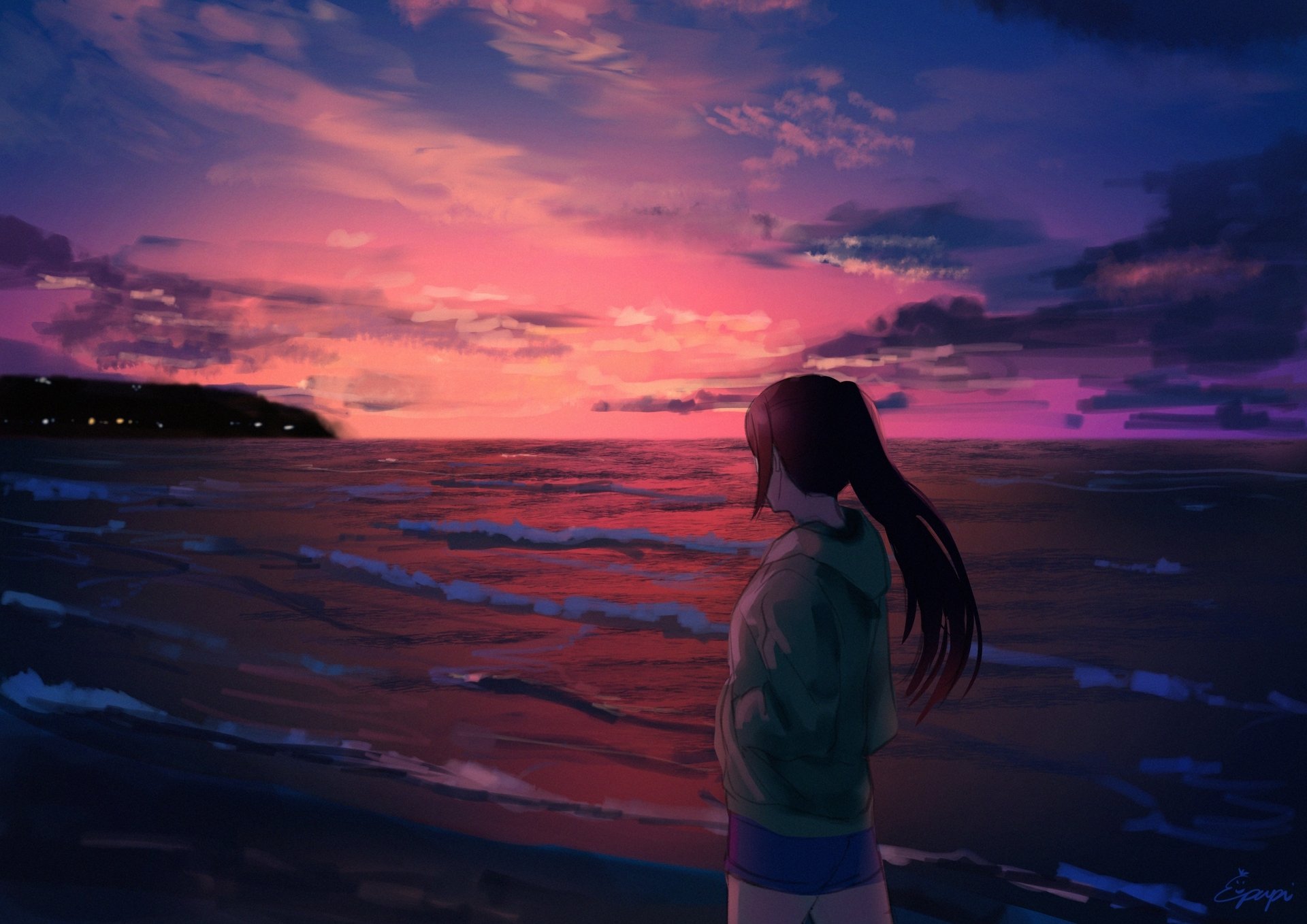Kanan Matsuura (Love Live! Sunshine!!) gazes over the sea at sunset, silhouetted against a vivid purple-pink sky — HD PC desktop wallpaper/background.