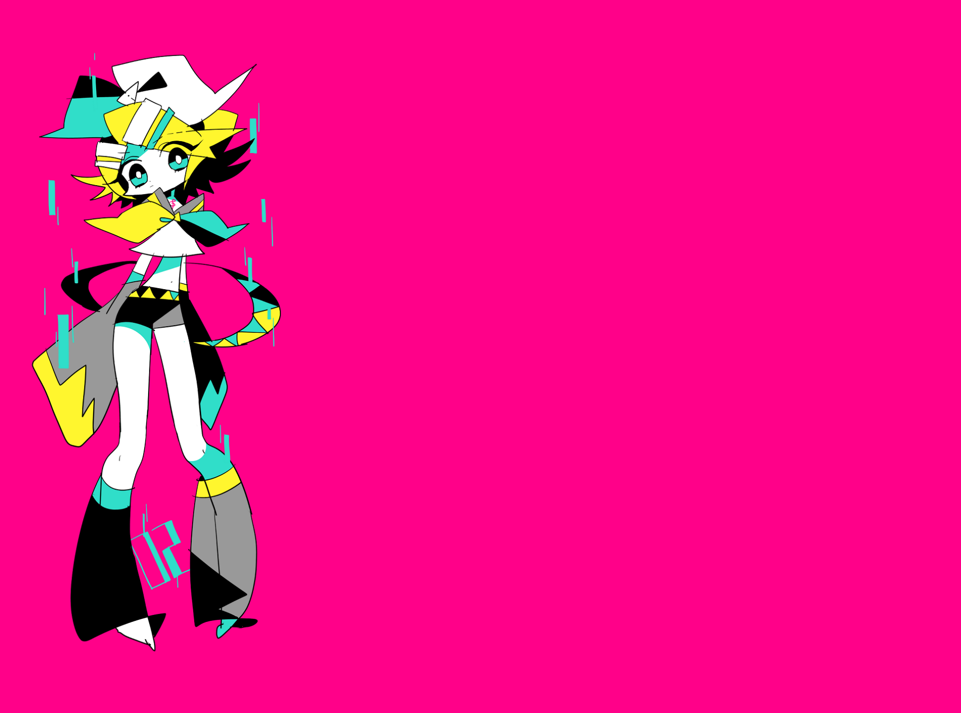 Rin Kagamine as anime Vocaloid character on left, neon-cyan and yellow costume against solid hot-pink background — HD PC desktop wallpaper