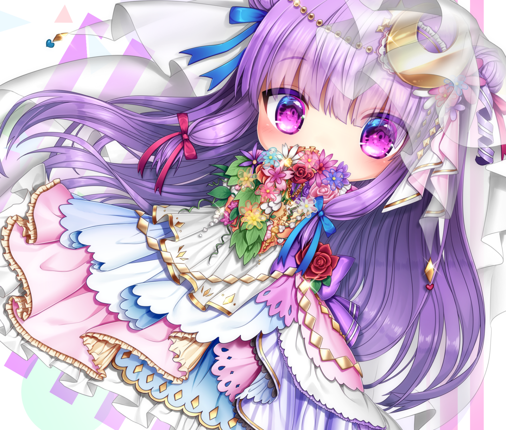 HD anime desktop wallpaper featuring Patchouli Knowledge from Touhou, showcasing her vibrant purple hair and intricate floral outfit in vivid detail.