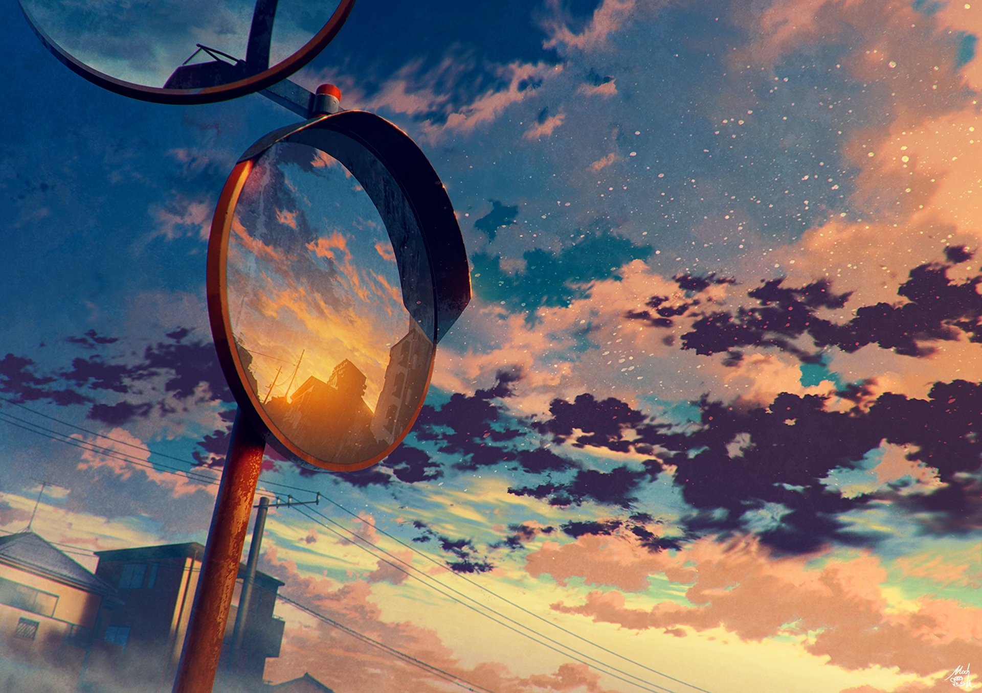 Anime-style HD PC desktop wallpaper featuring a dramatic sunset sky reflected in a convex street mirror against an urban backdrop.