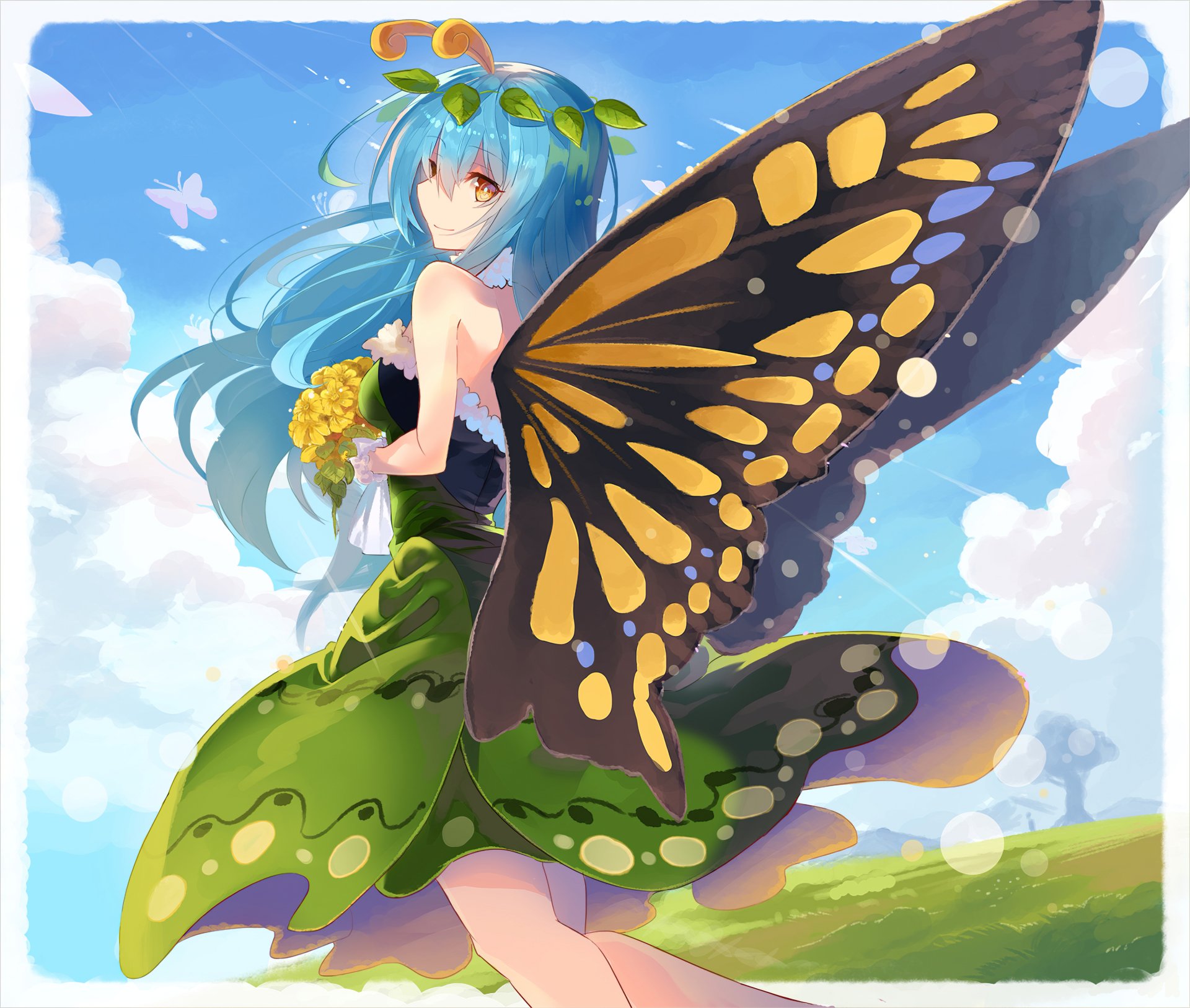 Anime Touhou Eternity Larva with long blue hair, yellow eyes and butterfly wings, wearing a flowing green dress and holding sunflowers against a bright sky — 2K Quad HD desktop wallpaper.