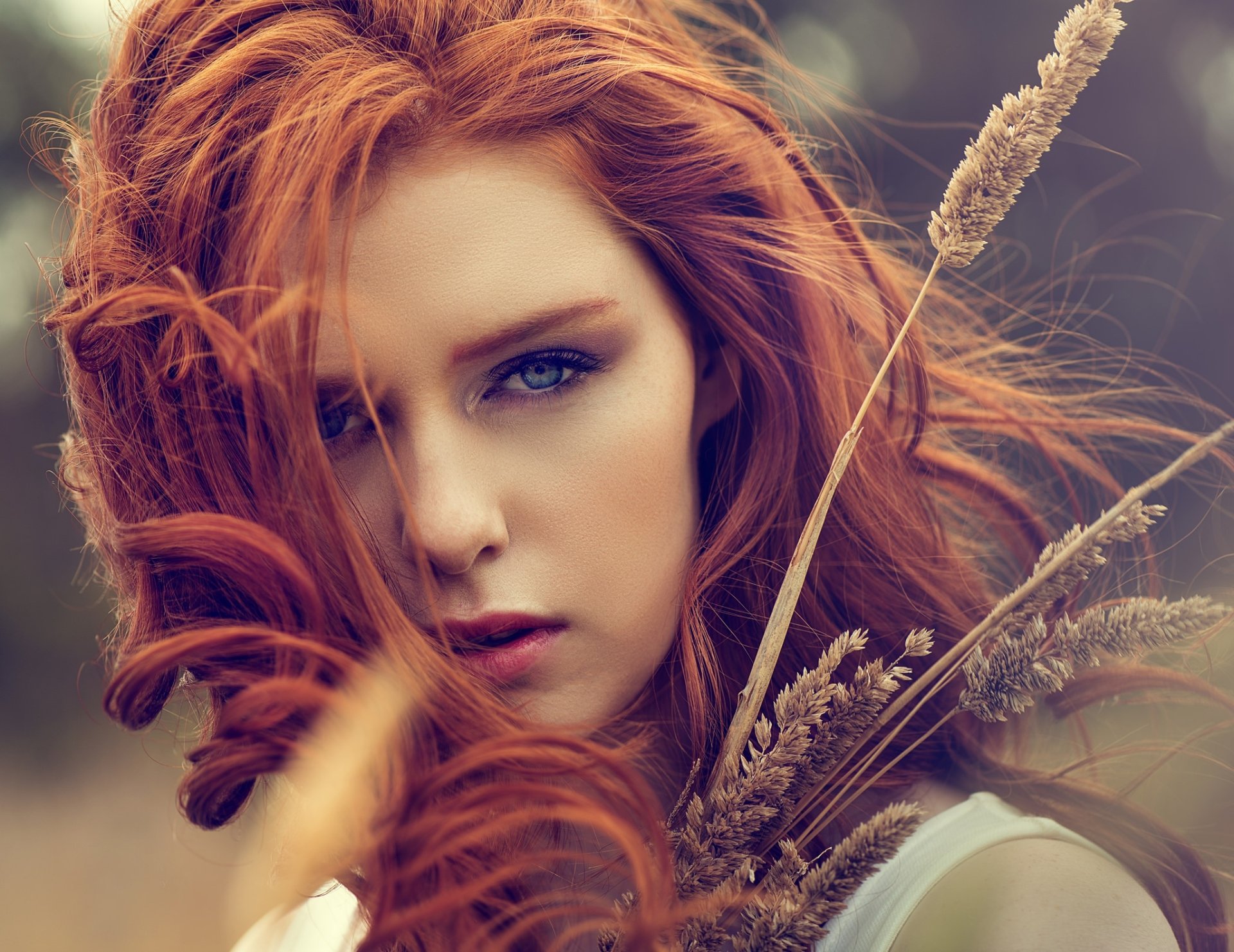 Close-up HD desktop wallpaper of a redhead woman with striking blue eyes and flowing hair, holding dried wheat stalks, capturing a serene and natural beauty.