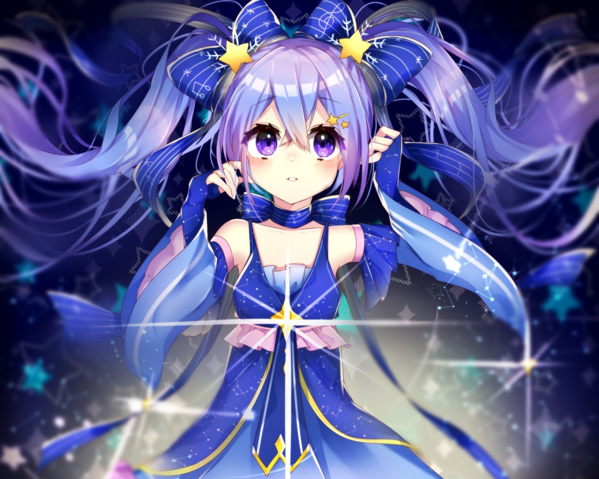 Hatsune Miku anime Vocaloid in a starry, blue HD PC Desktop Wallpaper and Background — twin‑tailed singer in a sparkly blue dress with glowing ribbons and star motifs.
