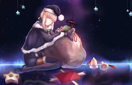 Santa Lily (Fate/Grand Order) anime artwork, kneeling with a sack of gifts beneath a starry sky — 2K Quad HD PC desktop wallpaper/background