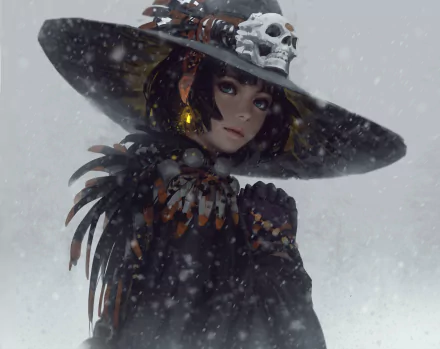 An HD anime wallpaper features a character with blue eyes, short hair, feathered attire, earrings, and a hat adorned with a skull, set against a snowy background.